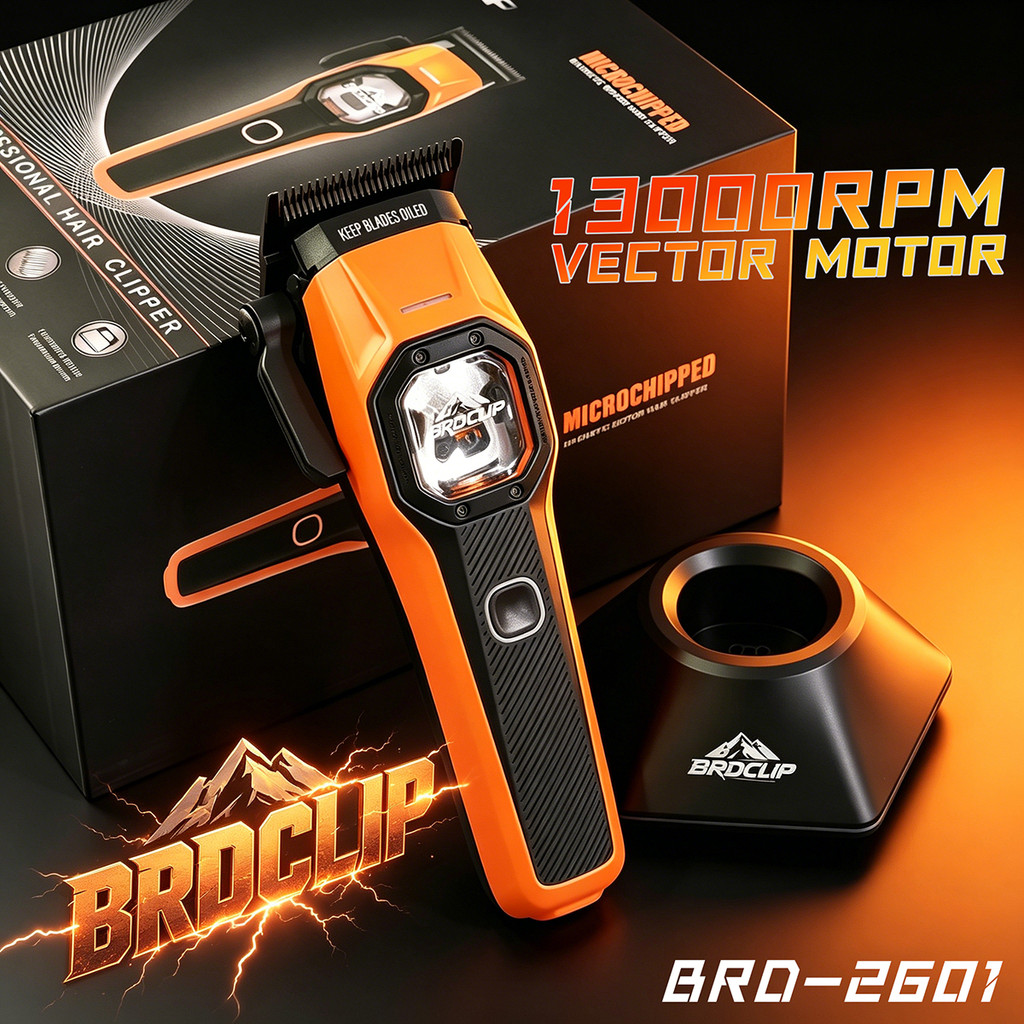 13000RPM Professional ไฟฟ้าผม Clipper Vector มอเตอร์ BRD-2601 ผู้ชายผม Trimmer ไฟหน้า LED 2600mAh พร้อมฐานร้านตัดผม