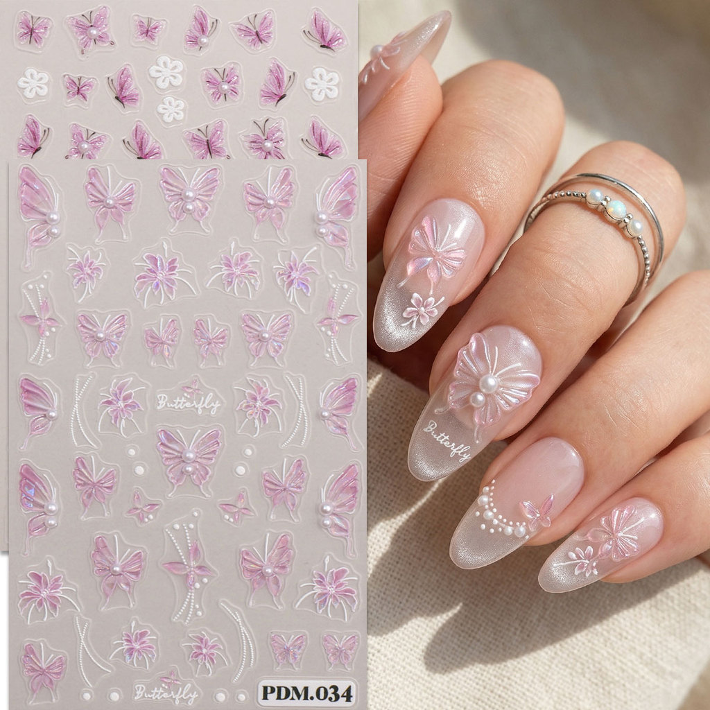 HAMA Elegant 3D นูนผีเสื้อเล็บสติกเกอร์สไตล์เกาหลี Fairy ดอกไม้เพิร์ลกาว Decals French เล็บเล็บ DIY ตกแต่ง