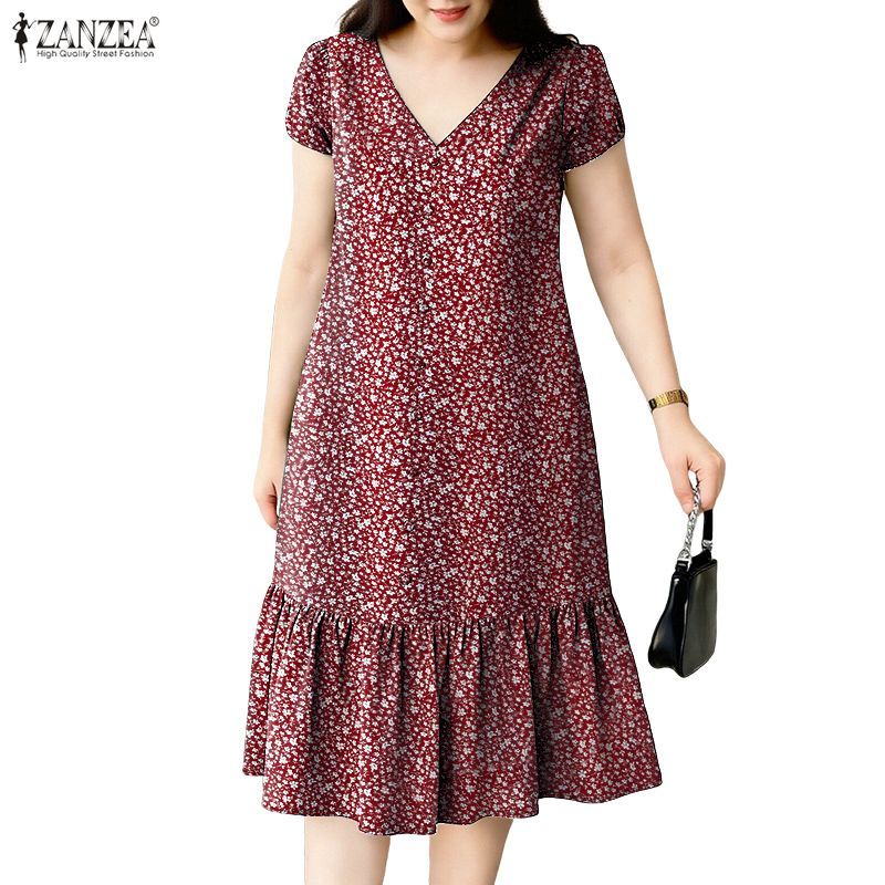 ZANZEA ใส่ ซานเซีย ผู้หญิงเกาหลีลําลองดอกไม้พิมพ์ ก-เส้น คอวีกระดุมจีบนัวเนียแขนสั้นชุด