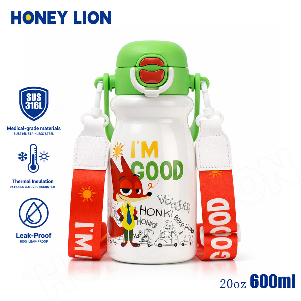 HoneyLion Disney Zootopia Kids Vacuum Bottle 600ML 316L Stainless Steel Thermal Cup Leakproof with Shoulder Strap