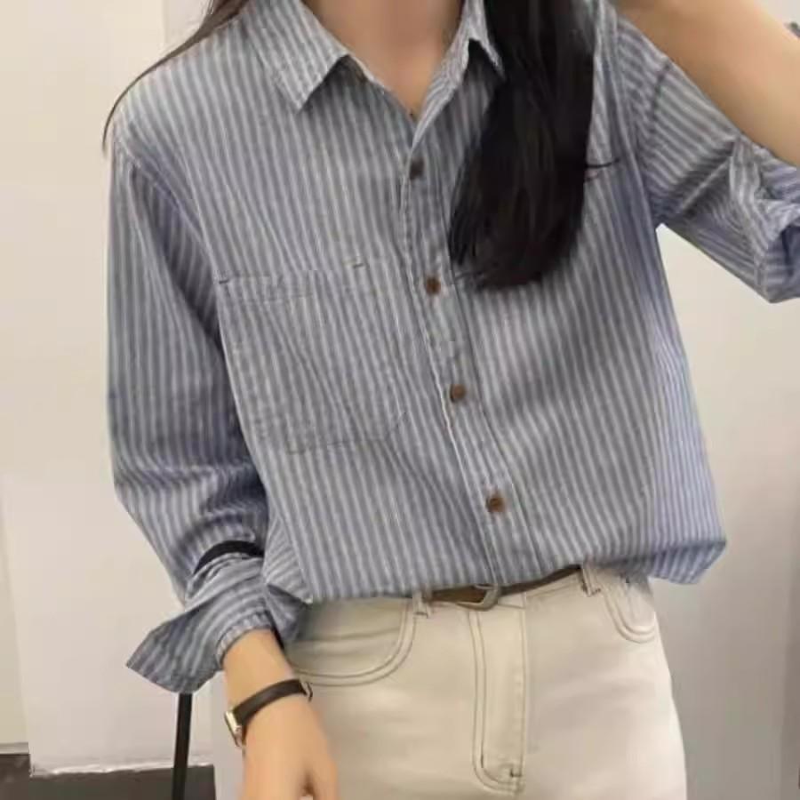 เสื้อเชิ้ตแขนยาวลายทาง คอปกกระดุมหน้า แฟชั่นฤดูใบไม้ผลิสไตล์สาวoffice เรียบหรู แมทช์ง่าย-พร้อมส่งจากกรุงเทพฯ-รุ่นW716