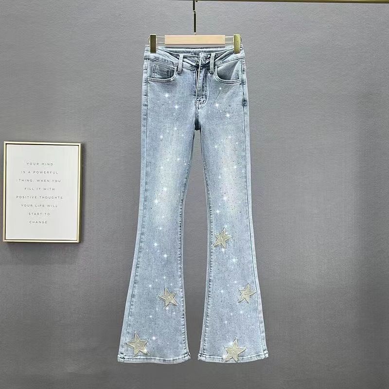 Hot Diamond Denim Flared กางเกงผู้หญิงอินเทรนด์ 2024 สไตล์ใหม่ฤดูร้อนยืดเอวสูง Slim-fit Slimmer ดู Star Embroid