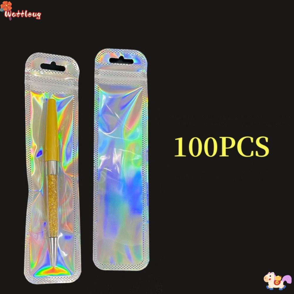 WATTLEUG กระเป๋าใส่ปากกา 100 ชิ้น, ถุงบรรจุโฮโลแกรม 2.56 x9.45 นิ้ว, ถุงฟอยล์ Candy Packi บรรจุปากกา