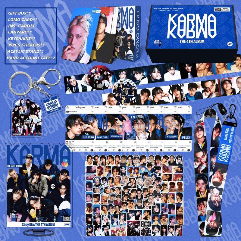 StrayKids กล่องของขวัญอัลบั้มปกติ KARMA สินค้า Han Zhicheng ยืนการ์ดสติกเกอร์ Photocard Lanyard ชุด 