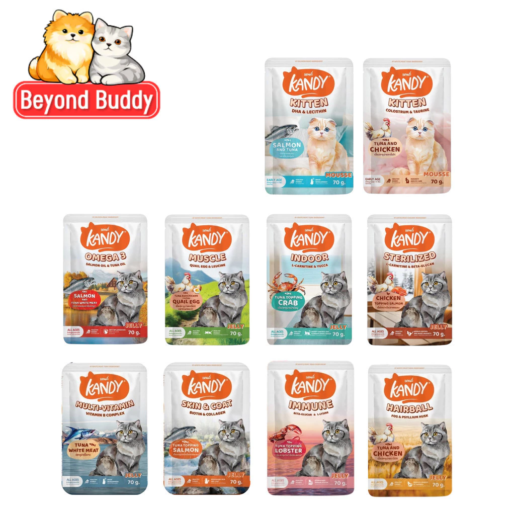 Kandy แคนดี้ อาหารแมว เปียกแมว ไม่ใส่เกลือ ผลิตจากปลาเนื้อขาว โปรตีนสูง สำหรับลูกแมวและแมวโต 70 กรัม