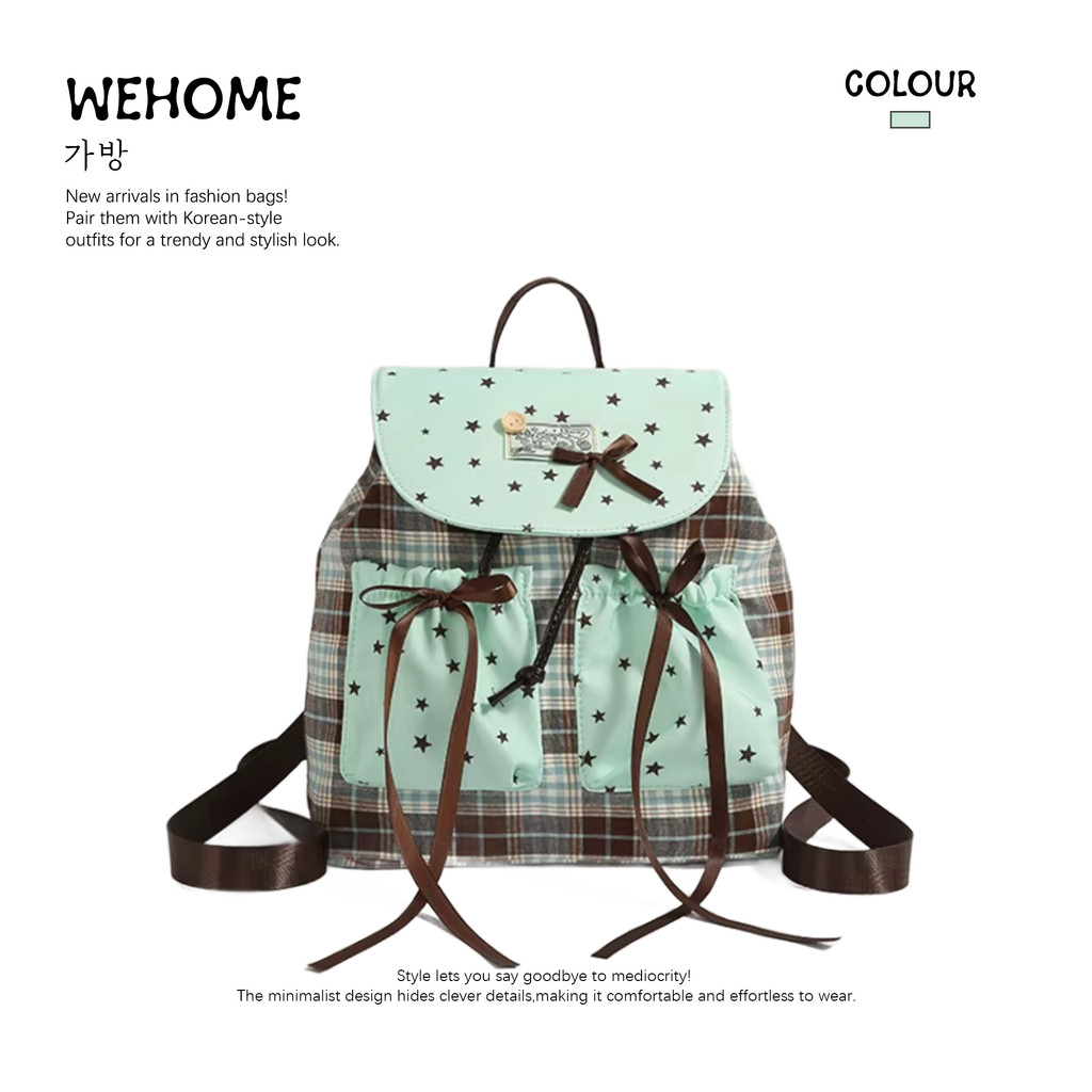 WEHOME Sage Bag สไตล์เกาหลี สไตล์หวาน เป้เป้สไตล์สาวๆ ลายสี่เหลี่ยม กระเป๋าสะพายหลัง