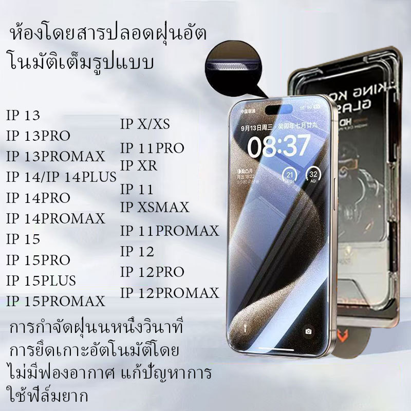 ทำความสะอาดฝุ่นโดยอัตโนมัติ ฟิล์มกระจก iphone สำหรับ11 15 14promax ติดง่าย แบบเต็มจอ HD 11Pro/13/12/15plus/17plus/XR/16