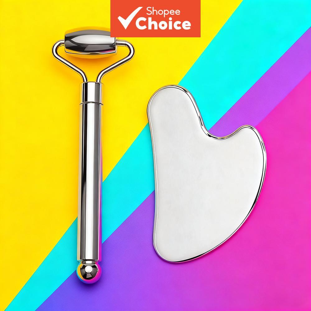 Dual Head Facial Roller และ Heart Gua Sha ชุดเครื่องมือ 2 ชิ้น 304 สแตนเลสสําหรับ Professional Face Eye คอ Skincare นวด