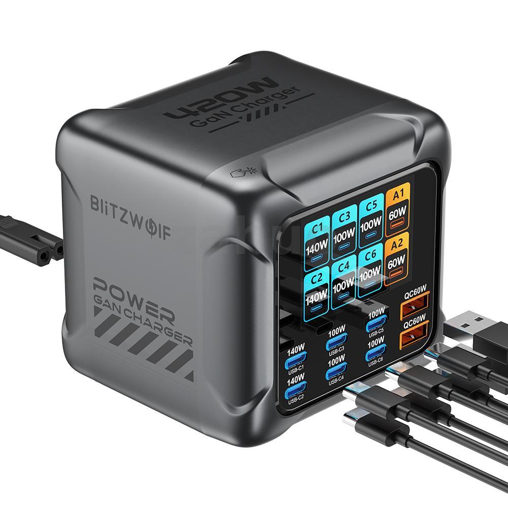 Blitzwolf® BW-S33 420W 8 พอร์ต USB PD Charger 6USB-C+2USB-A QC PD จอแสดงผลดิจิตอล Fast CHARGING Desktop สถานีชาร์จ