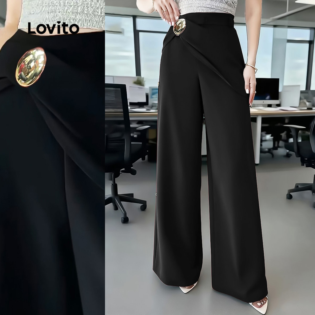 Lovito  กางเกงสีดําเรียบง่ายสําหรับฤดูใบไม้ผลิและฤดูร้อนสําหรับผู้หญิง L176ED017