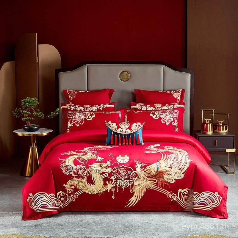 เครื่องนอน Big Red Meet Wedding 100 ปลอกผ้านวมผ้าฝ้ายแท้งานแต่งงานผ้าปูที่นอนสี่ชิ้น Suite Lucky G1F