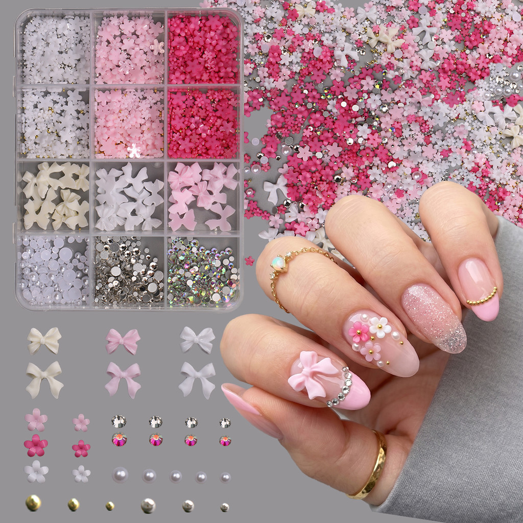 HAMA 12 กริด PinkRed เรซิ่นเล็บ Charms ชุด 3D Kawaii Bowknot ดอกไม้ไข่มุกตกแต่ง DIY หรูหราเล็บอุปกรณ์สําหรับ Professional Art Designs