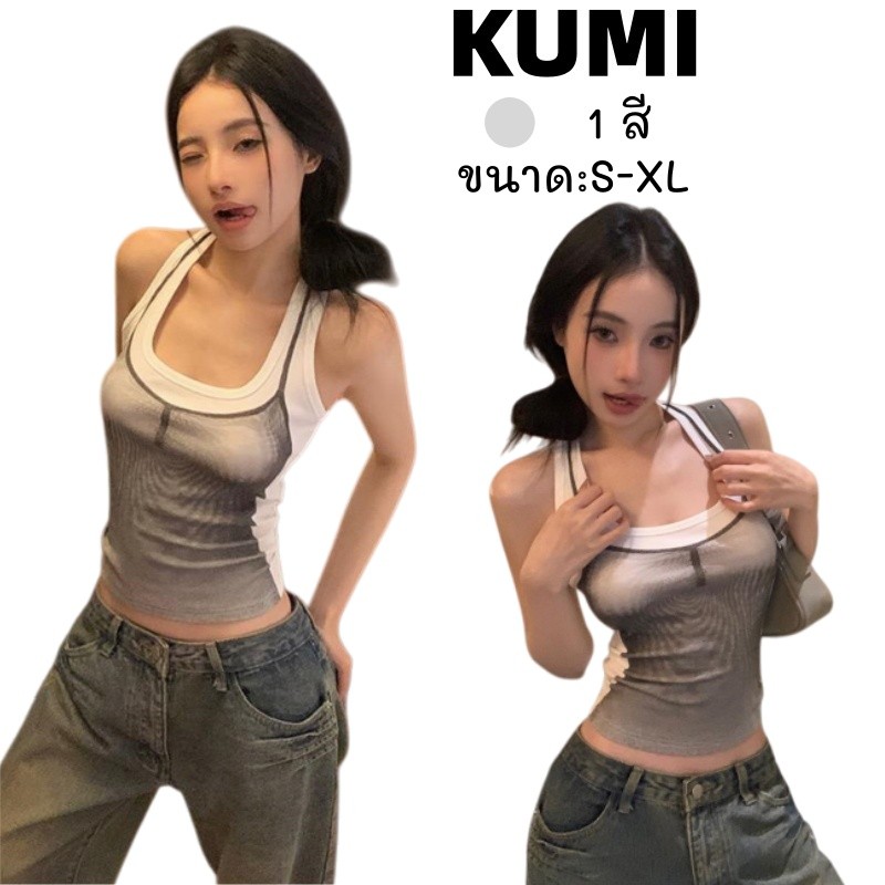 KUMI เสื้อกล้าม🦄เสื้อแขนกุดผู้หญิง พิมพ์ลายเท่ๆเสื้อสายเดี่ยวทรงเข้ารูปY2K เซ็กซี่แฟชั่น สไตล์เกาหลี