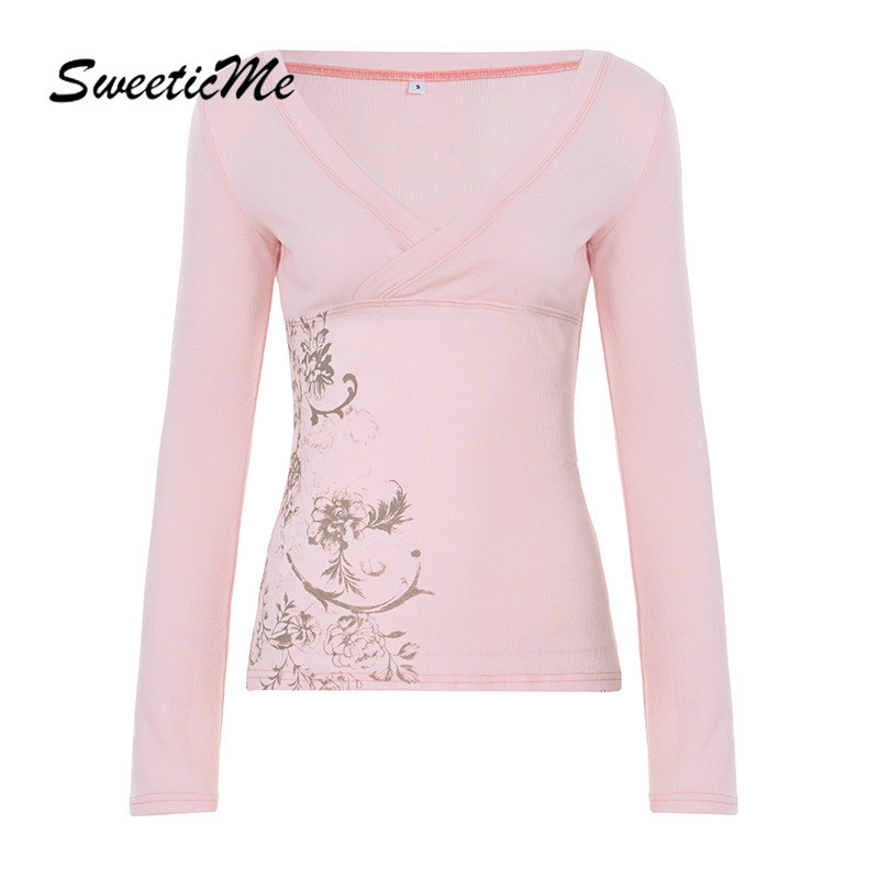 SweeticMe เสื้อยืดคอวีแขนยาวสำหรับสตรี ปี 2026 พิมพ์ลายธรรมชาติ ใส่ได้ทุกวัน