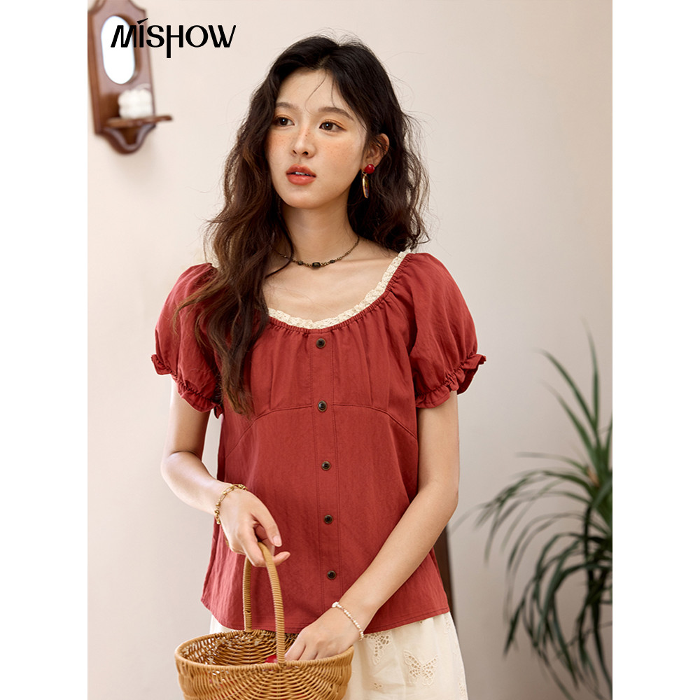 MISHOW 2026 ฤดูร้อน Retro ลูกไม้หวานเย็บออกแบบ Slimmer ดูพัฟแขนเสื้อ