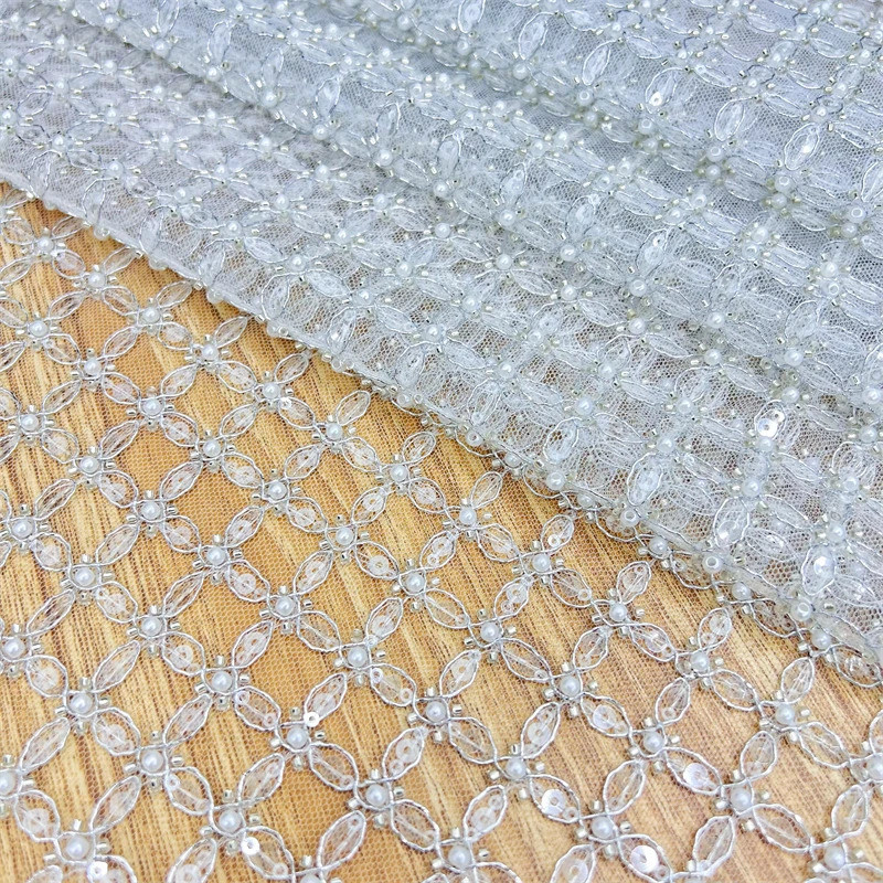 Checkered Beaded Mesh Gauze Wedding Dress Fabric Lace Dress Pearl Sequin Fabric