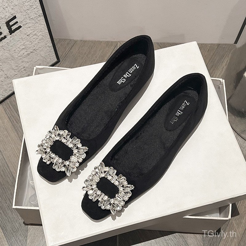 คลังสินค้าพร้อม 2025 สไตล์ใหม่ Square Toe Diamond Buckle ปากตื้นกํามะหยี่รองเท้าแบนผู้หญิงขนแกะ-Extr