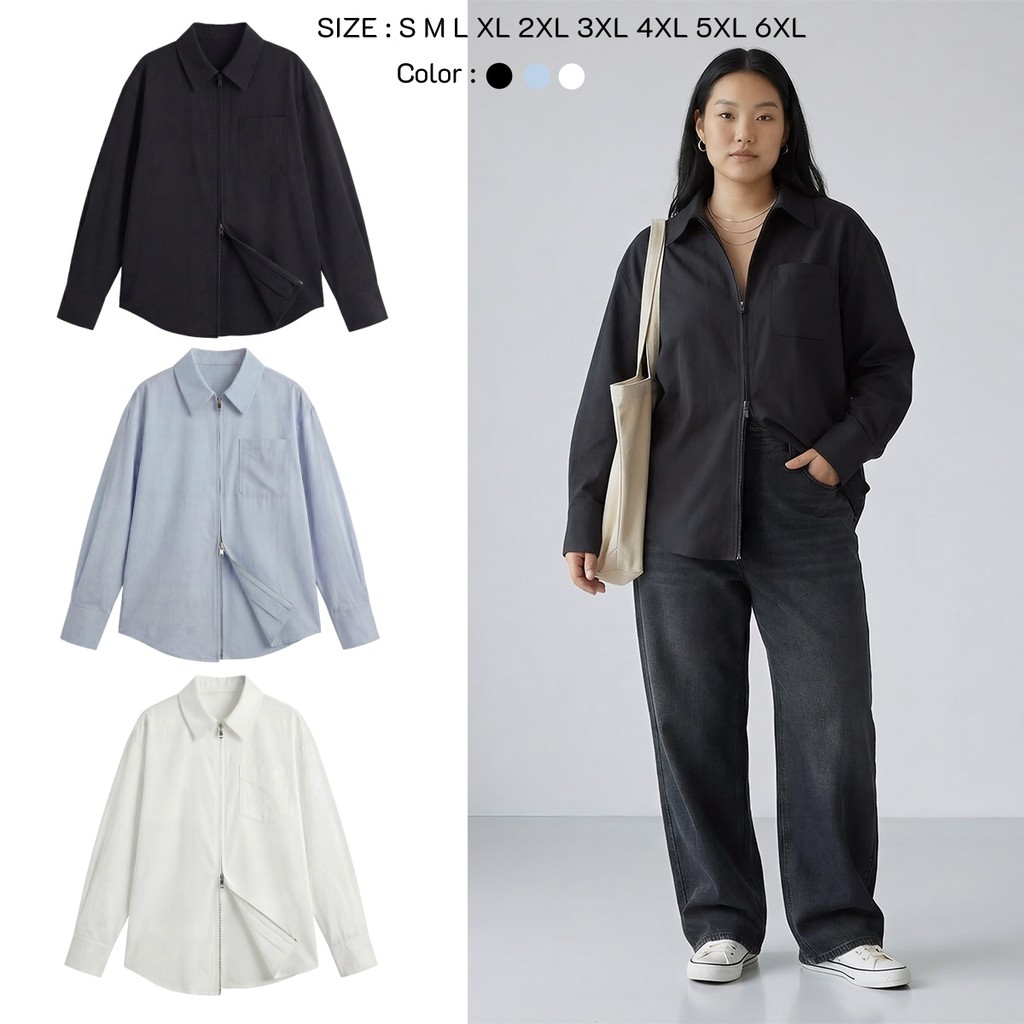 suysuy พร้อมส่ง เสื้อเชิ้ตมีซิปบน-ล่าง แขนยาว คอปก โอเวอร์ไซส์ เชิ้ตผู้หญิง สไตล์เกาหลี เสื้อมินิมอล