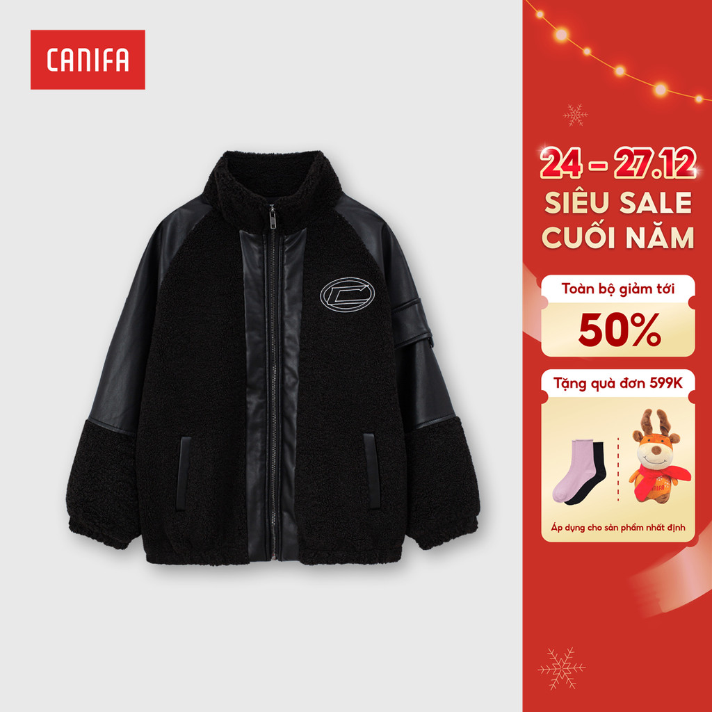 CANIFA เสื้อโค้ทขนสัตว์เด็กชายแขนยาวและคอปกผสมหนัง 2OT25C006
