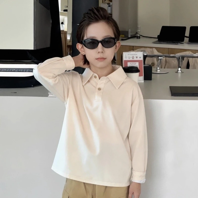เสื้อโปโลแขนยาวมีปกสำหรับเด็ก ดีไซน์เรียบง่าย ลำลอง ทำจากผ้าฝ้าย สไตล์เกาหลีทันสมัย ​​ใส่ได้หลายโอกาส thumbnail 6