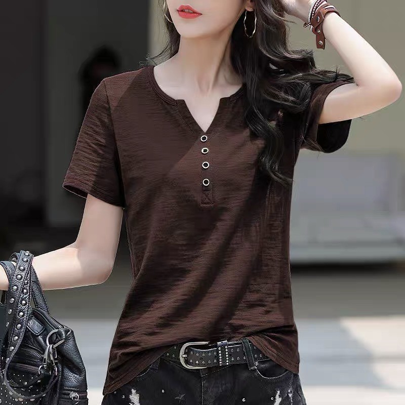 เสื้อยืดแขนสั้นผู้หญิงคอวีหลวม ผอมลง ดู 2025 ฤดูร้อนเวอร์ชั่นเกาหลีขนาดใหญ่สีทึบเรียบง่ายครึ่งแขนด้านบน 1