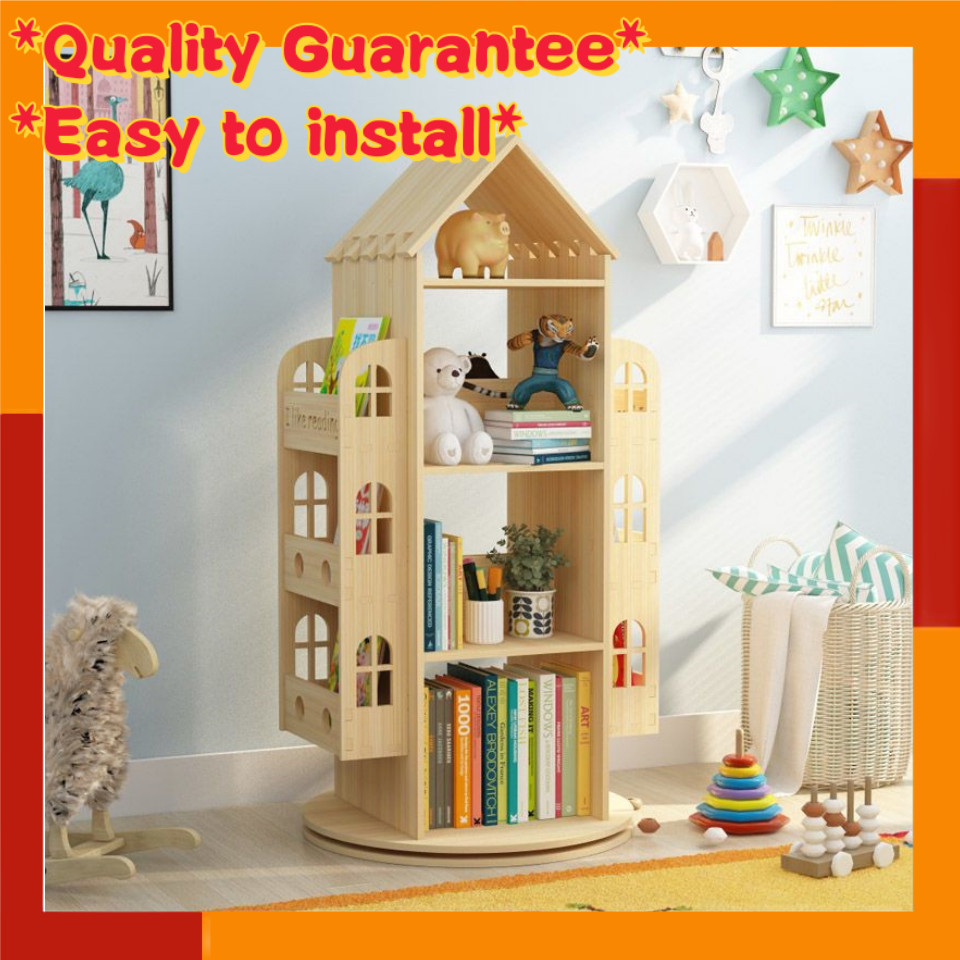 Wood 360 degree rotating bookshelf shelf children's picture book rack toy storage bookcase shelf bed
