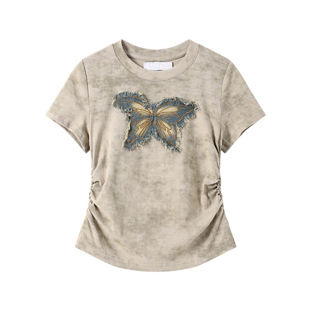 เสื้อยืดแขนสั้นลายจีบแบบเกาหลี,เสื้อยืดผู้หญิง คอกลม เข้ารูป ใส่สบาย - รูปที่ 4