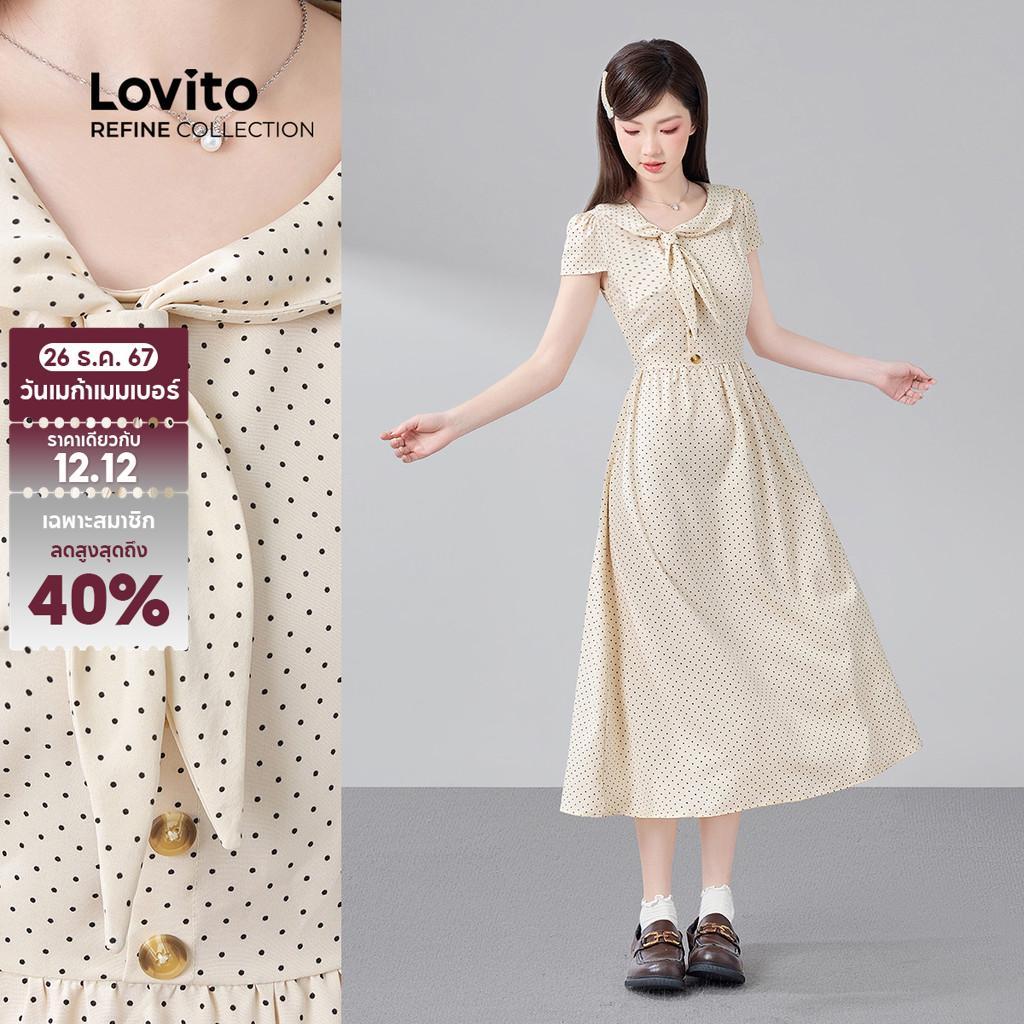 (Lovito Refine) ชุดเดรสลําลองสําหรับผู้หญิงแบบกระดุมพลีทสําหรับฤดูใบไม้ผลิ/ฤดูร้อน LR26A300