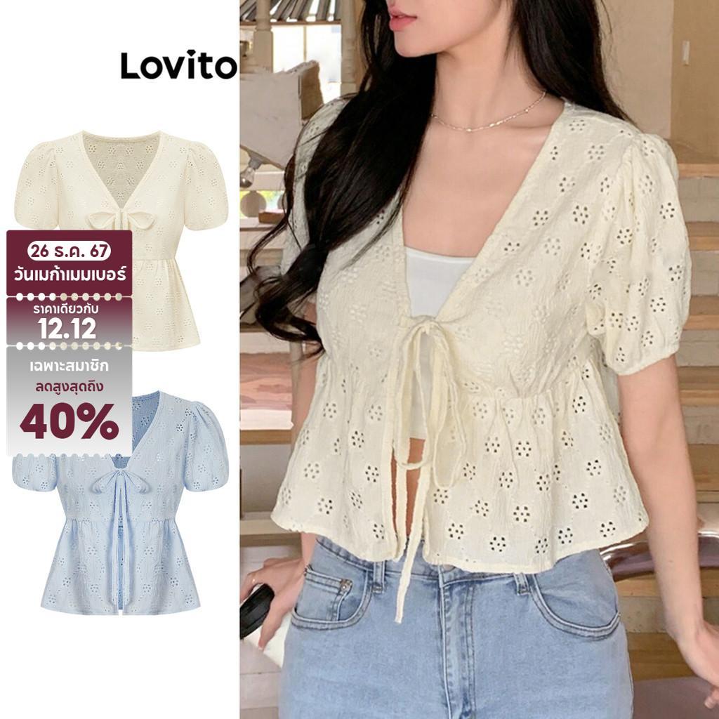 Lovito น่ารักเสื้อธรรมดานัวเนียเหมลูกไม้ขึ้นโบว์เสื้อสําหรับผู้หญิง L88AD175
