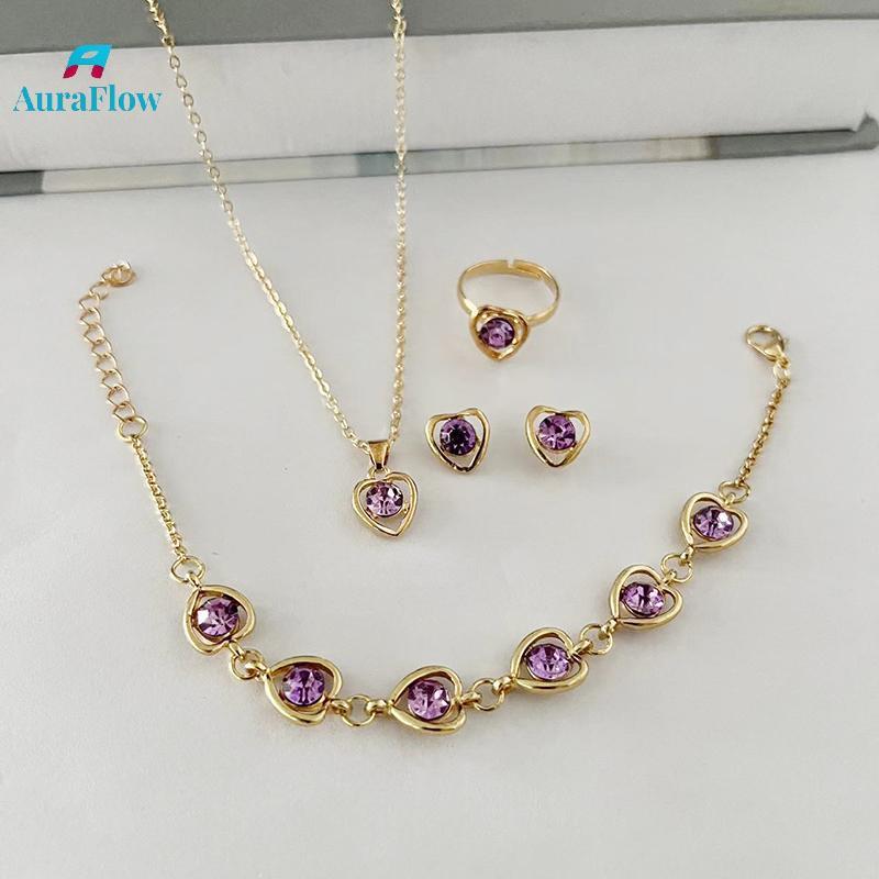 ชุดเครื่องประดับAuraFlow: ต่างหูสตั๊ดเพชร, สร้อยคอนามธรรม, และแหวนชุด 4 PCS