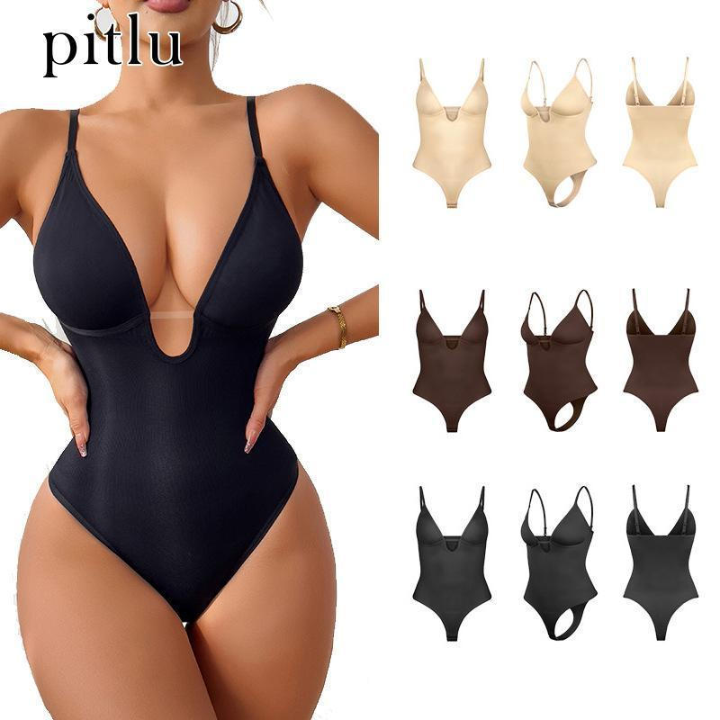 pitlu บอดี้สูทสไพร์Vลึกช่องว่าง สีดำ/เบจ/น้ำตาล ขนาดS-XXXL ผ้าไหมยืด ใส่สวยสบาย แฟชั่น