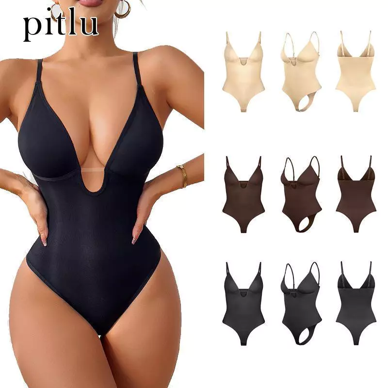pitlu บอดี้สูทสไพร์Vลึกช่องว่าง สีดำ/เบจ/น้ำตาล ขนาดS-XXXL ผ้าไหมยืด ใส่สวยสบาย แฟชั่น