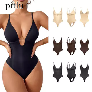pitlu บอดี้สูทสไพร์Vลึกช่องว่าง สีดำ/เบจ/น้ำตาล ขนาดS-XXXL ผ้าไหมยืด ใส่สวยสบาย แฟชั่น