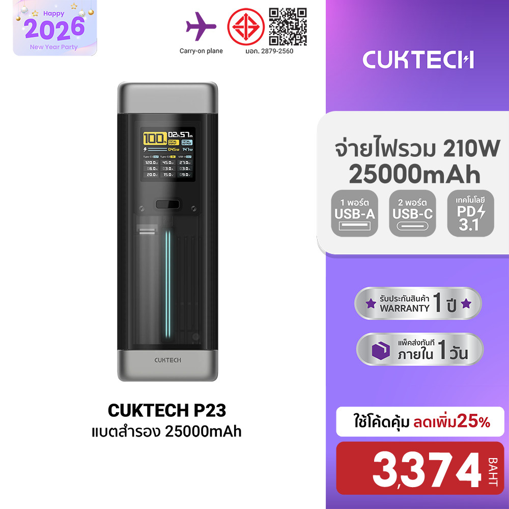 [ลดเหลือ 3374] CUKTECH P23 Powerbank แบตสำรอง 25000mAh CCC / CE จ่ายไฟพอร์ตเดียวแรงสุด 140W จ่ายรวมส