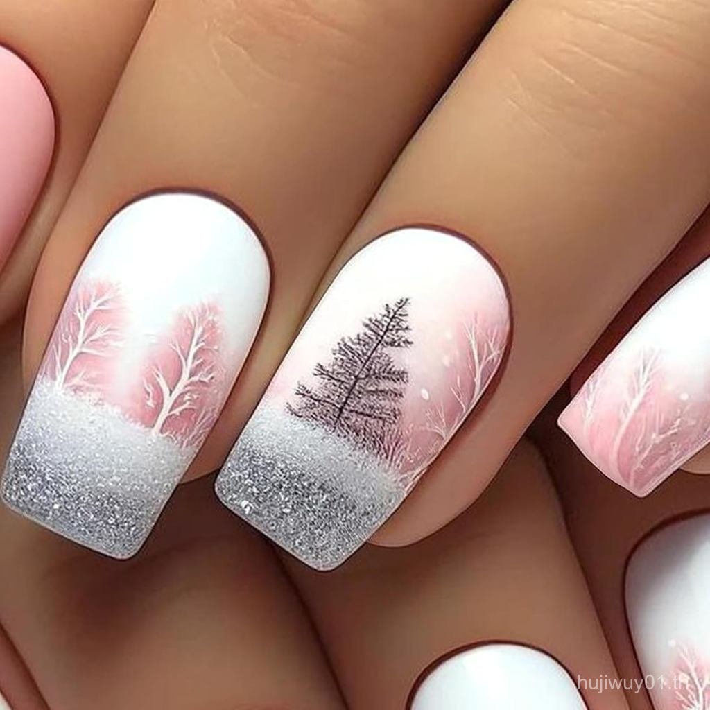 French Tip Press on Nails Christmas Pink Fake Nails Glitter Silver False Nails with Snow Trees Desig