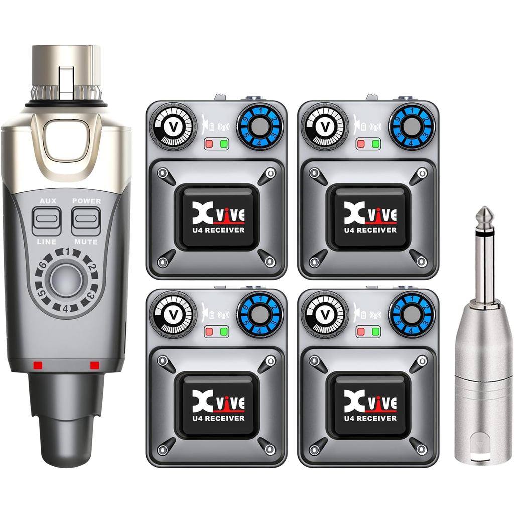 ชุดระบบมอนิเตอร์อินเอียร์ไร้สาย Xvive U4R4 พร้อมตัวส่งสัญญาณหนึ่งตัวและตัวรับสัญญาณสี่ตัว