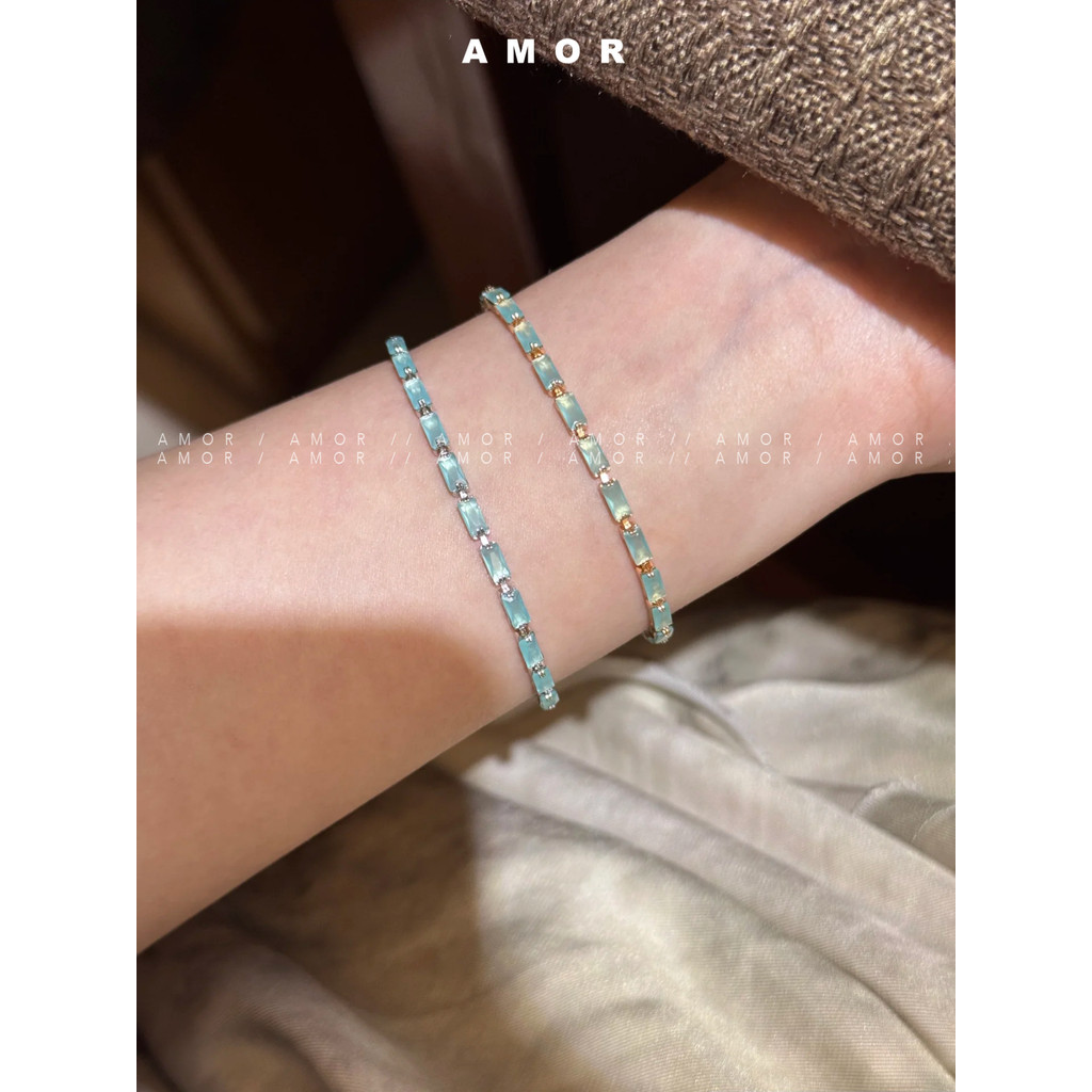 สร้อยข้อมือเพทายสีฟ้าอ่อน ดีไซน์สี่เหลี่ยมมินิมอล เหมาะสำหรับผู้หญิง มีสไตล์นอร์ดิกหรูหรา