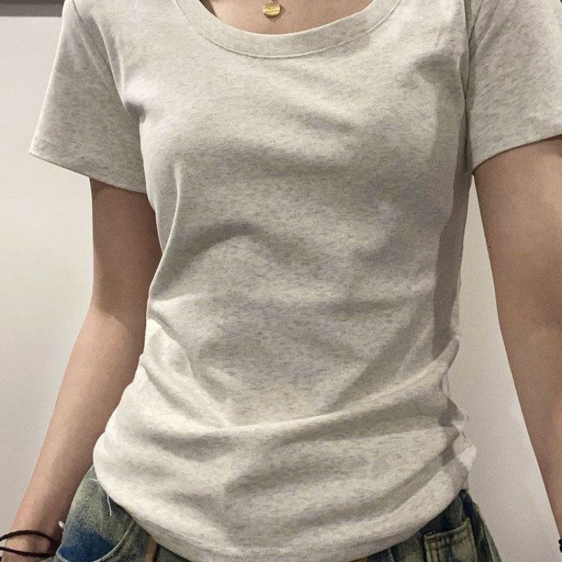 2025 สีเทารอบคอรอบคอไหล่เสื้อแขนสั้นผู้หญิงฤดูร้อนด้านในสวมใส่ Slim-Fit Slimmer ดู Low-คอ Bottoming 