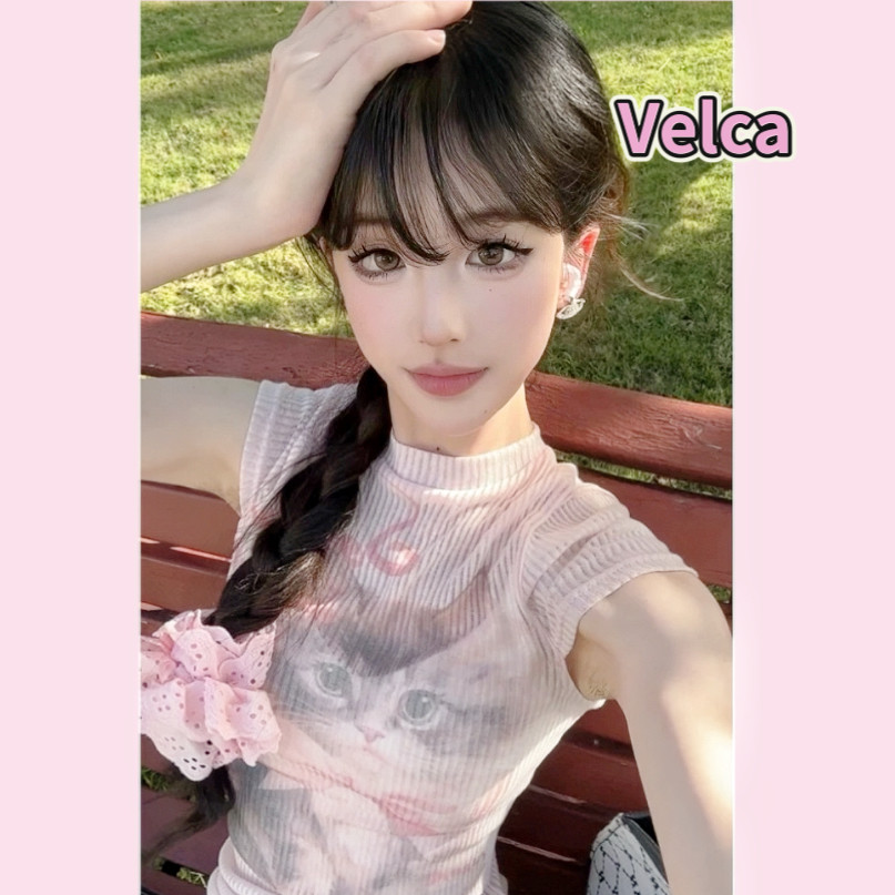 Velca พร้อมส่งจากกทม เสื้อยืดแขนสั้นผู้หญิง สีชมพู ผ้าบางใส่สบาย ลายแมวน่ารัก เซ็กซี่นิดๆ