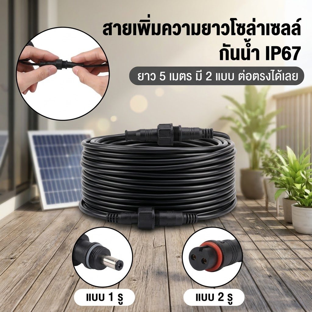 สายไฟต่อแผงโซล่าเซลล์ กันน้ำกันฝุ่น สายต่อโซล่าเซลล์ ยาว 5 เมตร  แบบ 1เคี้ยว และ 2 เคี้ยว