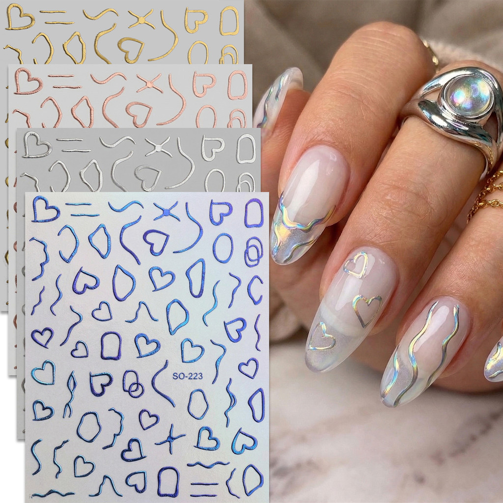 HAMA สติกเกอร์เล็บโลหะเหลว Minimalist Wave Line หัวใจ 3D Self-Adhesive สติ๊กเกอร์ติดเล็บ Y2K สไตล์เกาหลี DIY Salon เล็บ SO-223