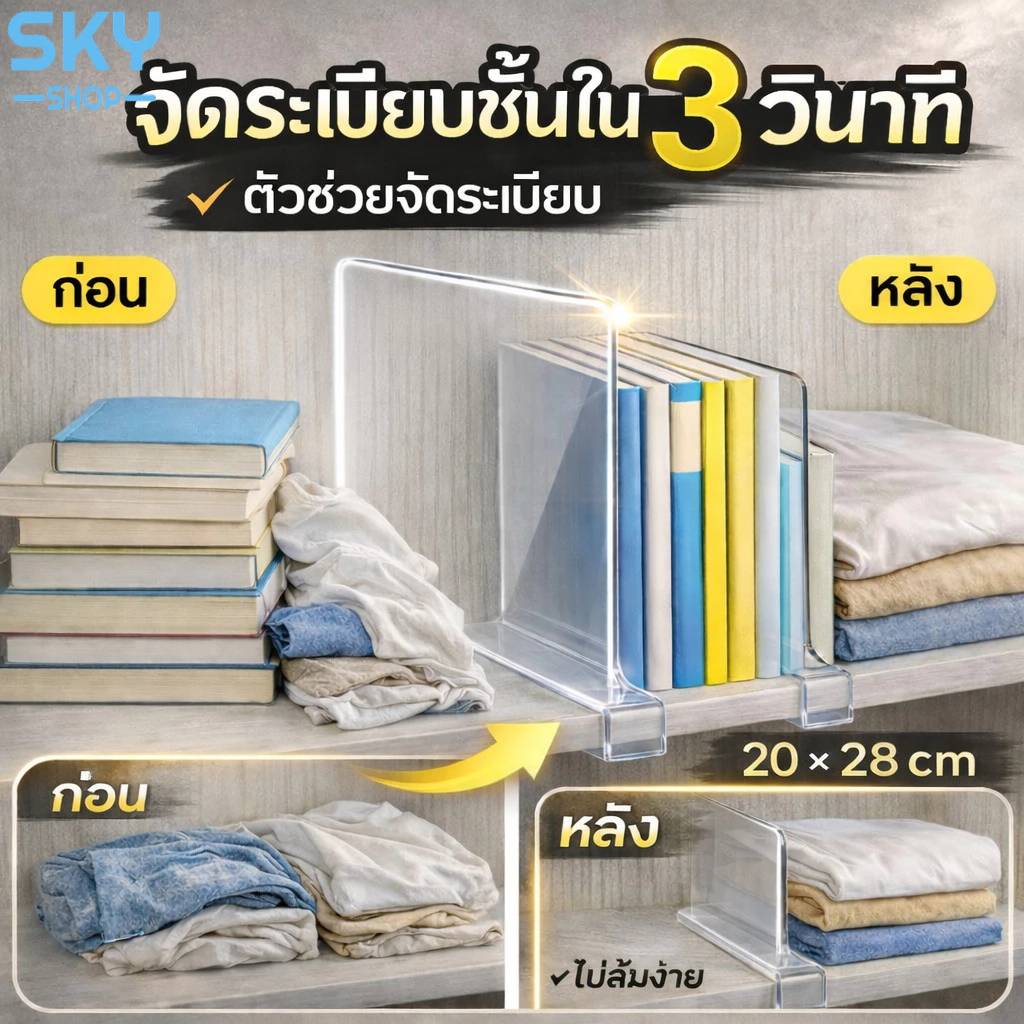 SKY ฉากกั้นชั้นวางของ ที่จัดระเบียบหนังสือ/เสื้อผ้า ฉากกั้น แบ่งหมวดหมู่ ไม่ล้มง่าย ที่กั้น Acrylic Partition
