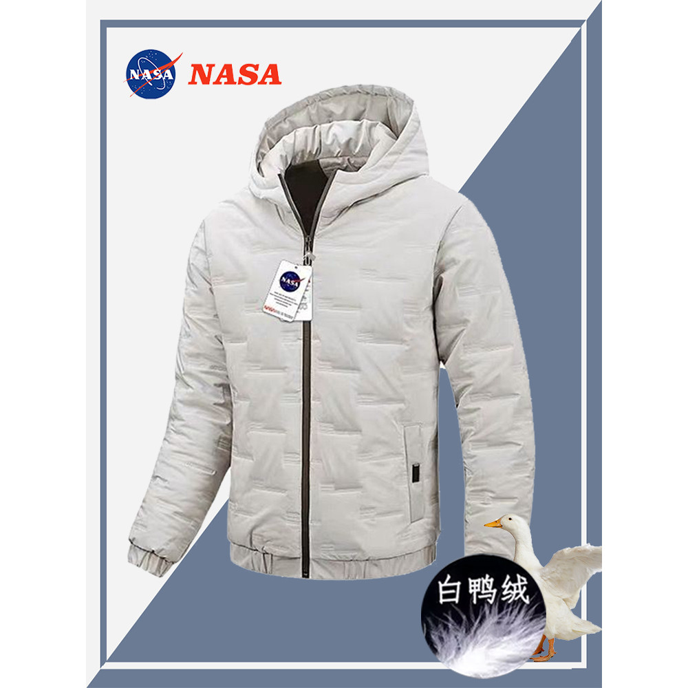 NASA Co-Branded ฤดูหนาว Hooded Down Jacket ผู้ชายน้ําหนักเบา Warm White Duck Down Jacket อินเทรนด์หน