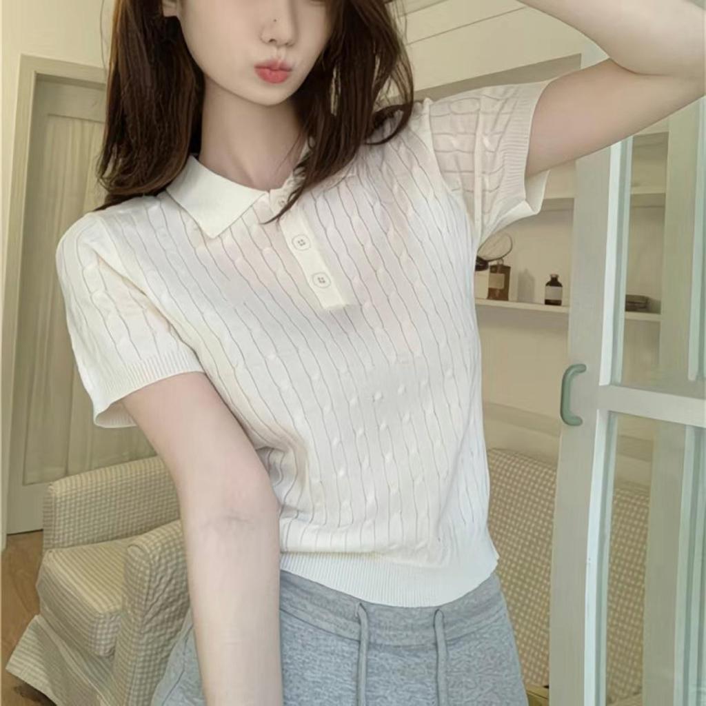 15891 เสื้อไหมพรมถักสำหรับผู้หญิง แขนสั้น คอปกโปโล ลายถักเคเบิล เหมาะสำหรับใส่ในฤดูร้อน