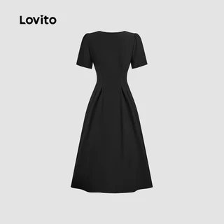 Lovito สง่างาม ชุดเดรส ประดับไข่มุก ชุดเดรสสีดำสำหรับผู้หญิงสุดนุ่มนวลและสบายในฤดูใบไม้ผลิ/ฤดูร้อน L137ED163