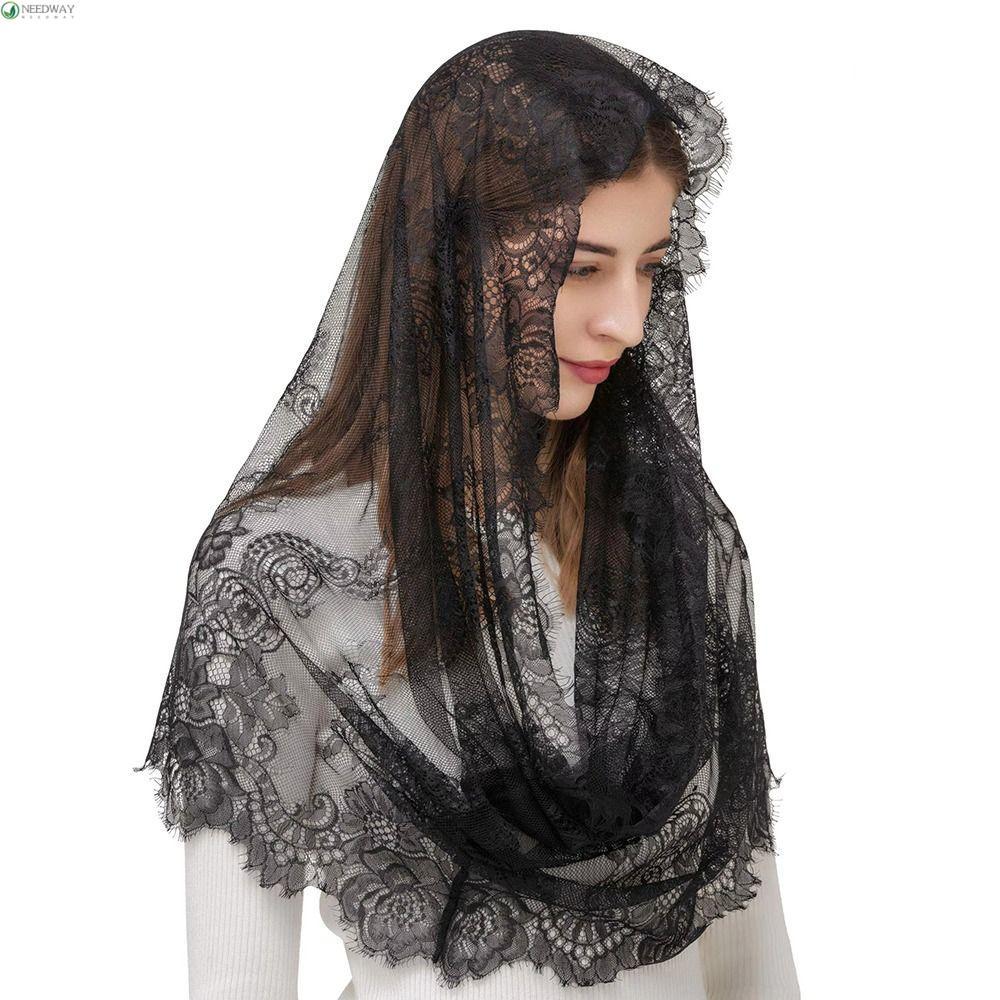 NEEDWAY Mantilla สไตล์สเปน Latin Mass Lace Veil สีดำสีขาว สำหรับงานแต่งงาน