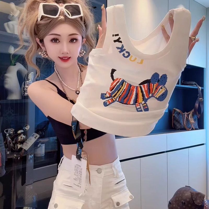 彩色卡通小马字母印花无袖背心女夏季新款大码修身洋气打底上衣潮4.14Colorful Cartoon Pony Letter Print Sleeveless Vest for Women, New 