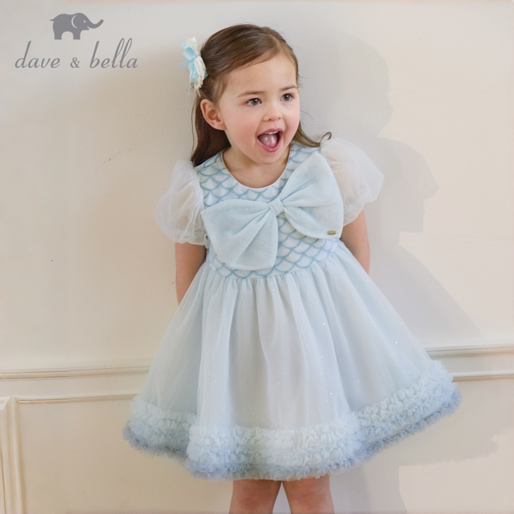 Dave Bella 9M-9Y ชุดเดรสคุณหนู สีน้ำเงิน แขนพอง เด็กผู้หญิง ฤดูร้อน คอกลม น่ารักและมีสไตล์ DB2262181
