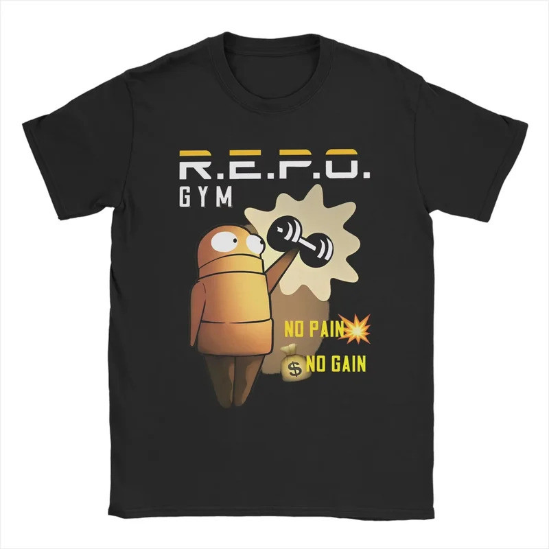 ผู้ชายเข้าร่วม R.E.P.O. เสื้อยืด GYM No Pain No Gain ลายหุ่นยนต์รีโปเกมสุดฮิต ผ้าฝ้าย แขนสั้น คอกลม 