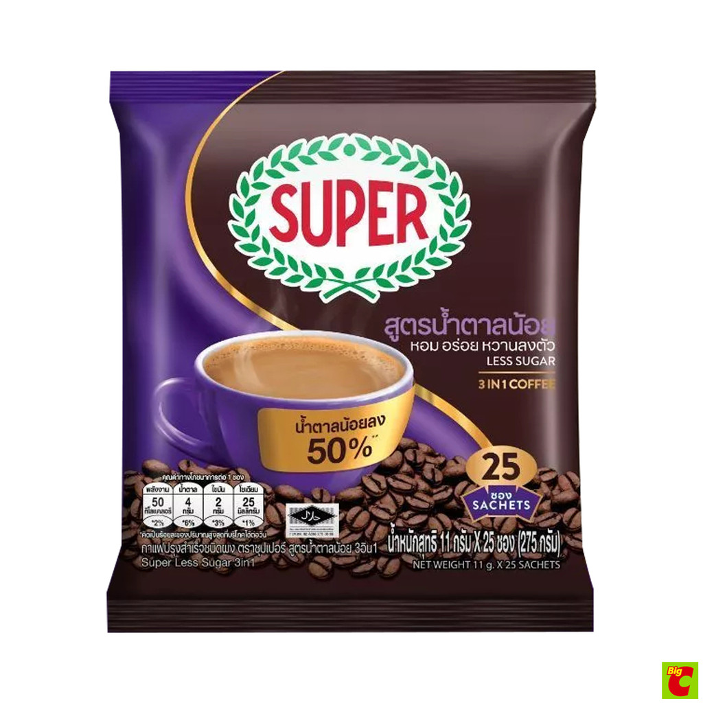 ซุปเปอร์ กาแฟปรุงสำเร็จชนิดผง 3อิน1 สูตรน้ำตาลน้อย 11 ก. แพ็ค 25